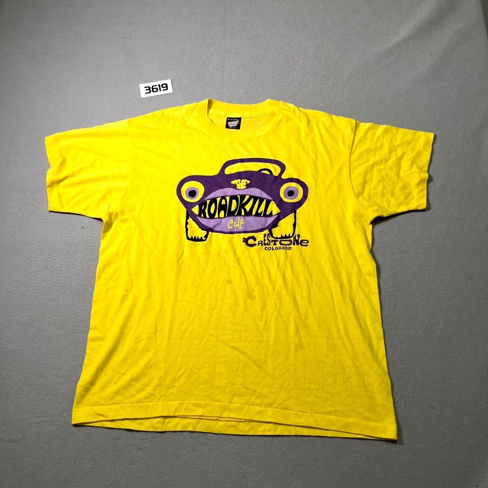 VTG Screen Stars Mens T Shirt XL Yellow Roadkill Cafe Crestone Colorado Graphic